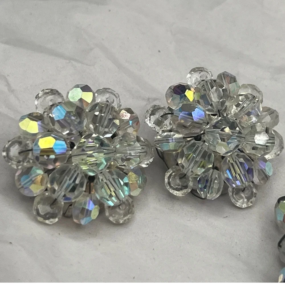 Aurora Borealis Crystal Brooch/Clip Earrings Set 1950s Sparkling Cluster Jewelry